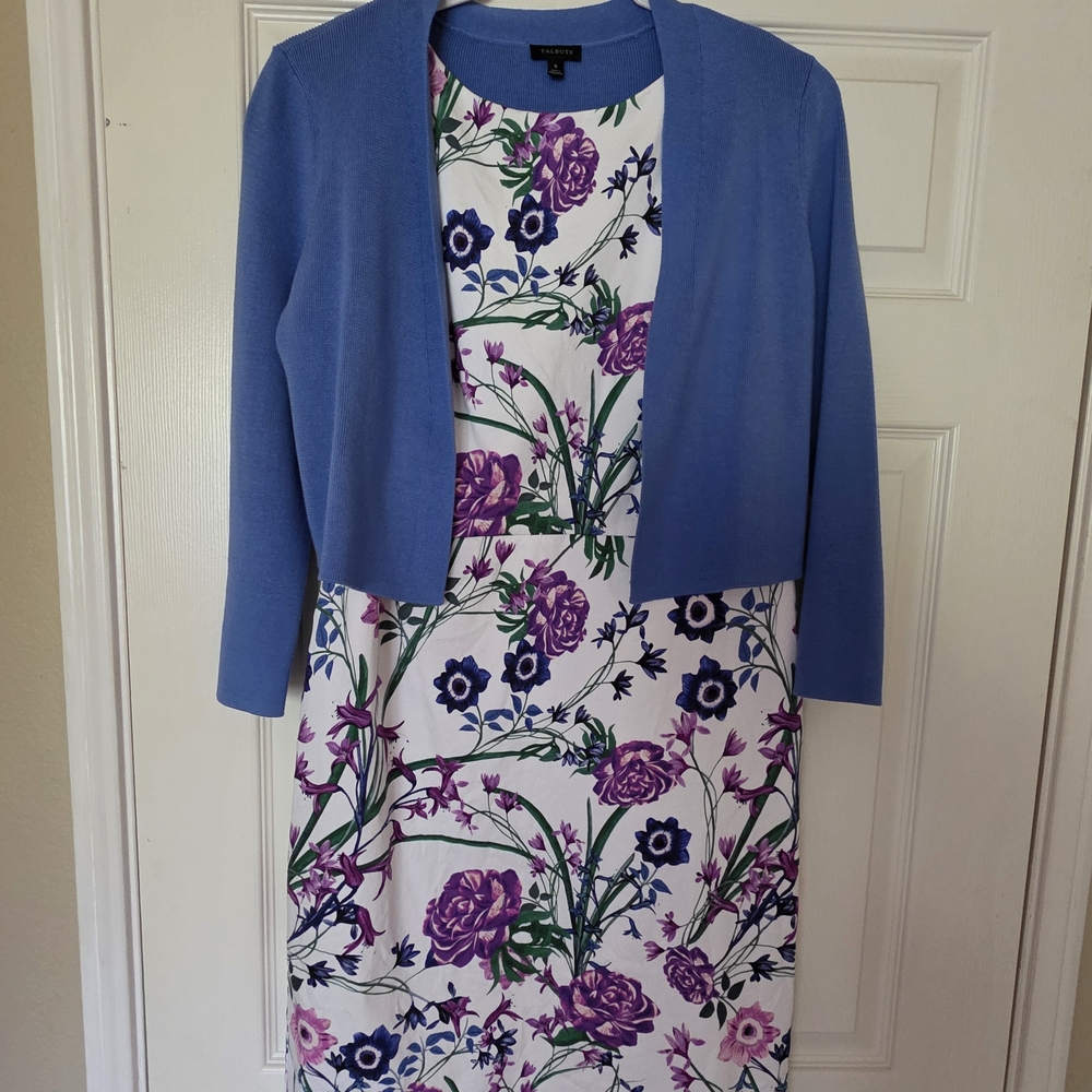 Talbots Blue Cardigan with Floral Dress